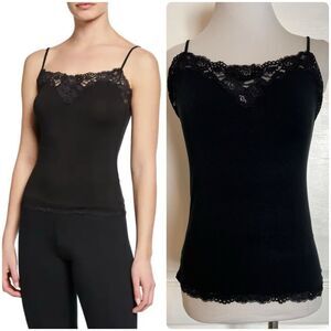 Josie Natori Lace Trim Camisole Spaghetti Strap Tank Top Black Stretch Modal L